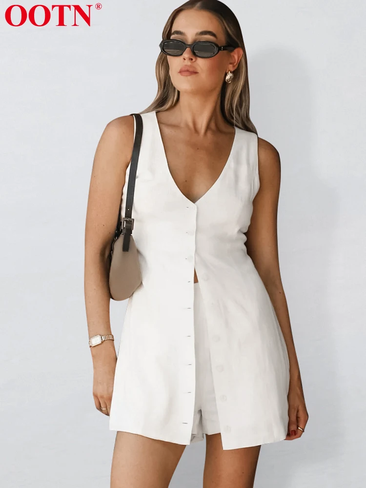 

OOTN White Outfits Women Two Piece Sets Cotton V-Neck Sleeveless Tank Tops Female Elegant High Waist Shorts 2024 Summer Suits