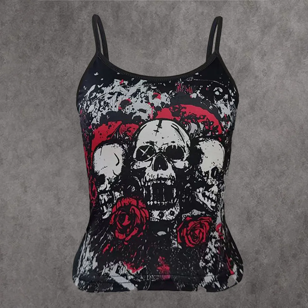 Summer Y2K Women's Skull Print Sleeveless T-shirt Gothic Casual Straps Top Breathable Micro Elastic Fabric Sling Vest