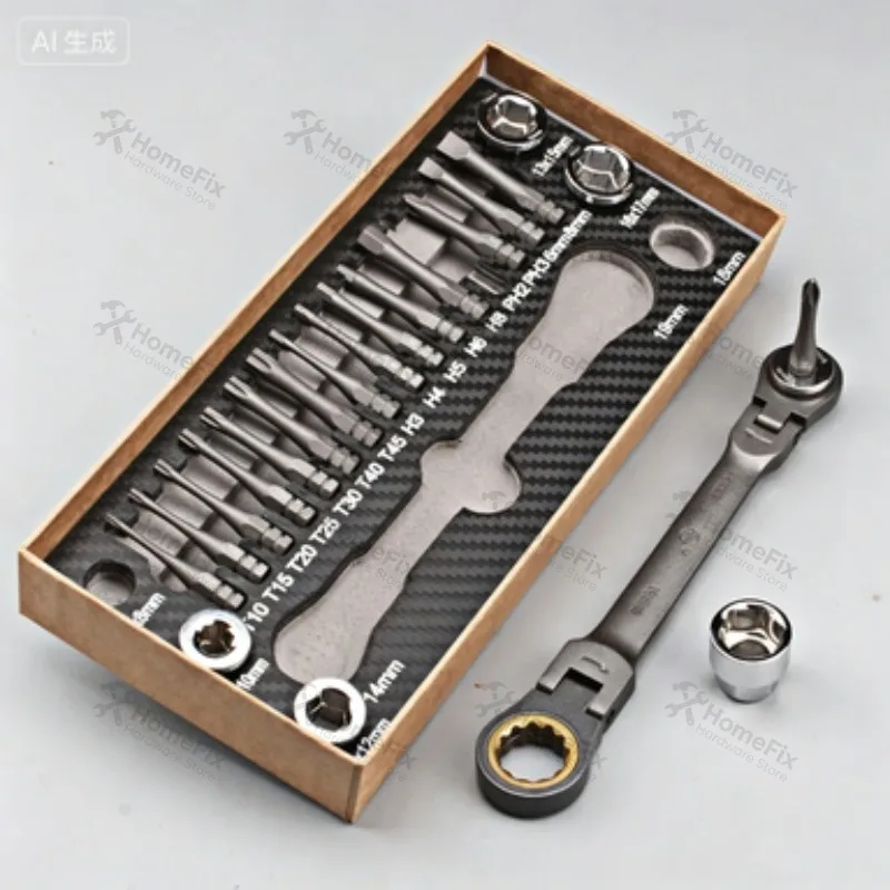 23Pcs Multifunctional Flexible Ratchet Wrench Set, Double Box Spanner With Socket Screwdriver Bits For Auto Maintenance Repair