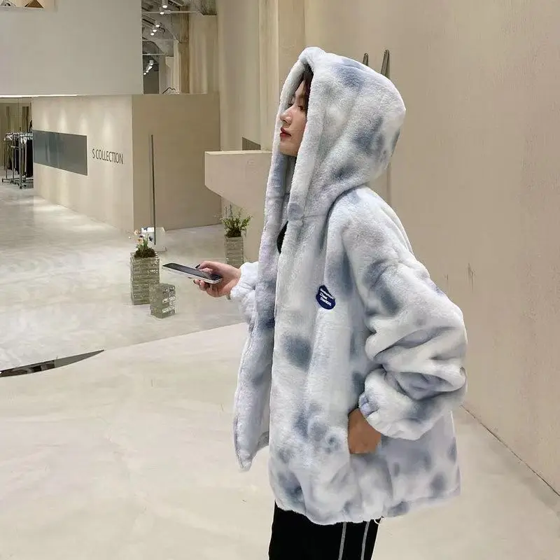 

MiiiiX Casual Tie-dye Faux Fur Hooded Jacket Women's Sweatshirt Autumn New Loose Thicken Soft Hoodies Outerwear Female Clothes