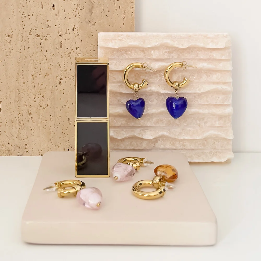 ENFASHION Glass Heart Drop Earrings For Women Gold Color Earring Stainless Steel Fashion Jewelry Brincos Feminino Party E211299