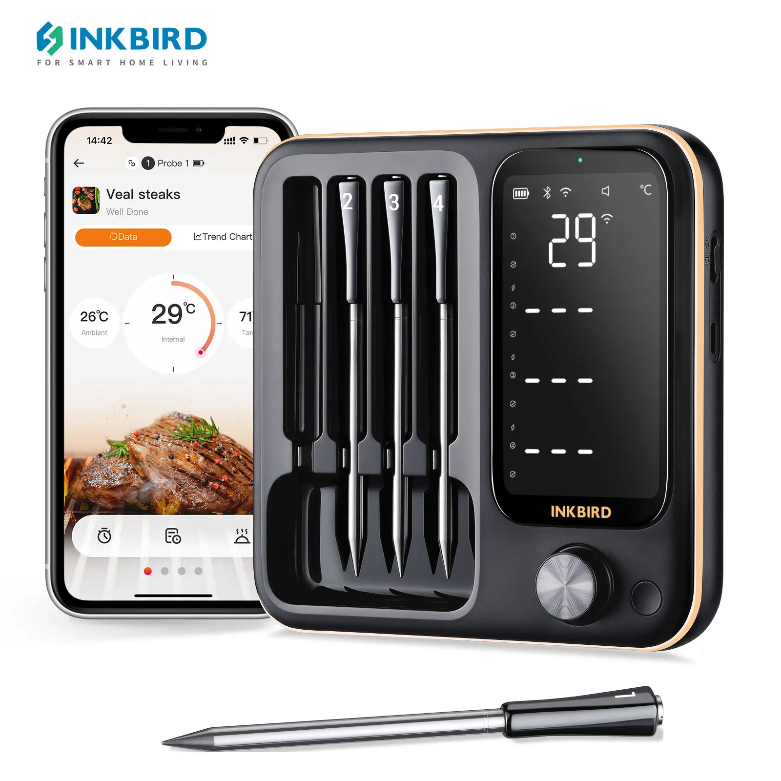 INKBIRD INT-14-BW Wireless Meat Thermometer with 4 Probes Wifi Bluetooth Household Smart Food Thermometer for BBQ Grill Oven