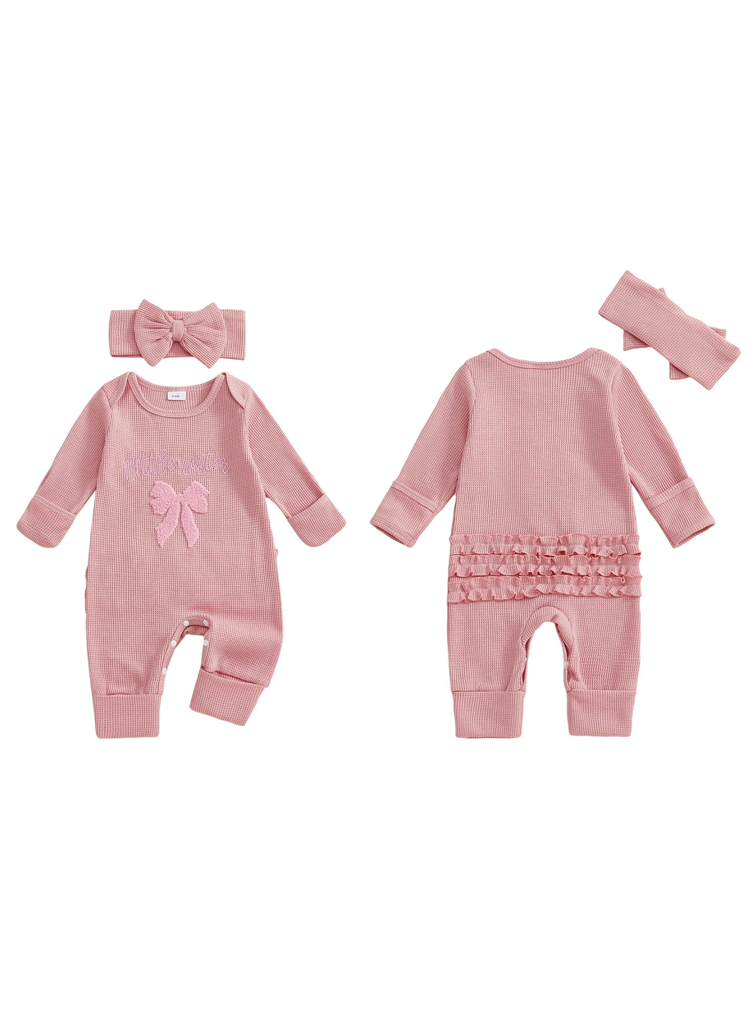 

Осенний комплект одежды из двух предметов для маленьких девочек, комбинезон с длинными рукавами и круглым вырезом, бантом и подходящей повязкой на голову с надписью