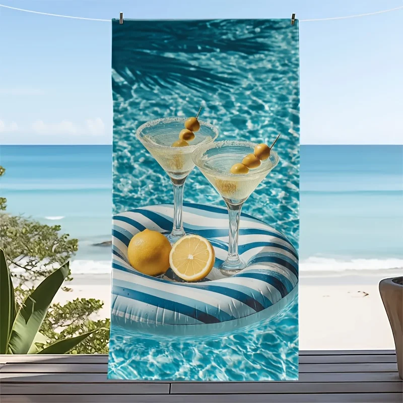 

A Themed Beach Towel Titled "Refreshing Summer Moments: Martini Cocktails with Lemon Decor by The Pool".