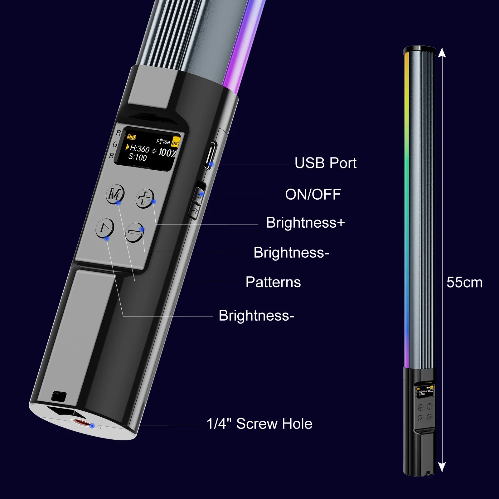 RGB Photography Light Wand Handheld LED Video Light Stick 2700K-9900K 360° Colors 2600mAh Rechargable Battery APP Remote Control
