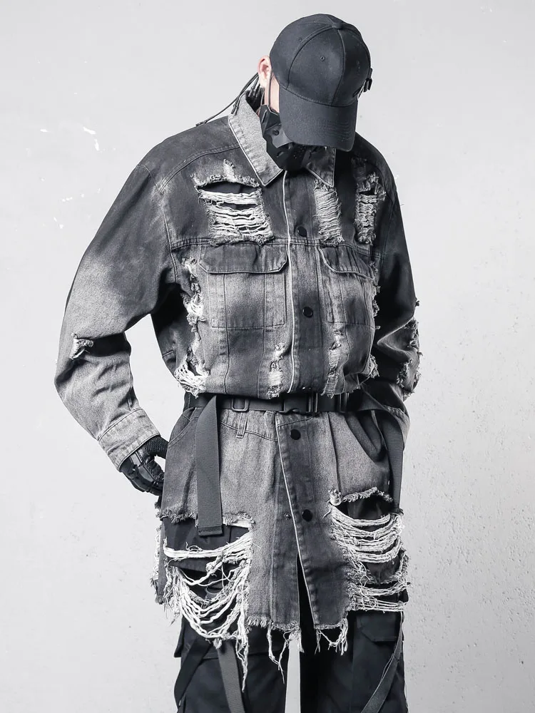 

Авангардная темная модная рубашка средней длины в стиле Wasteland с рваными кисточками, свободная джинсовая рубашка с длинными рукавами из потертого денима