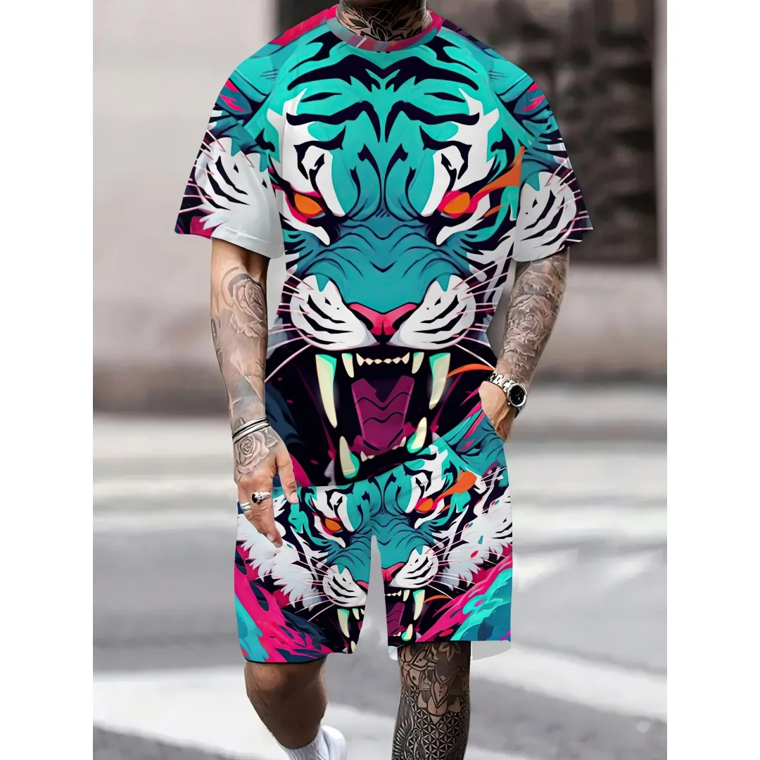 

pattern summer new daily casual men's T-shirt and shorts set urban street fashion men's short sleeved outdoor sports men's short