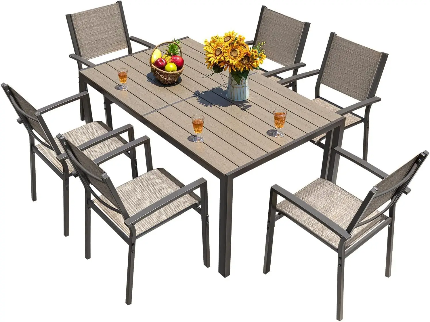 Patio Ess-Set 7 Stück Gartenmöbel mit großem Tisch und 6 Textil stühlen für Veranda, braun