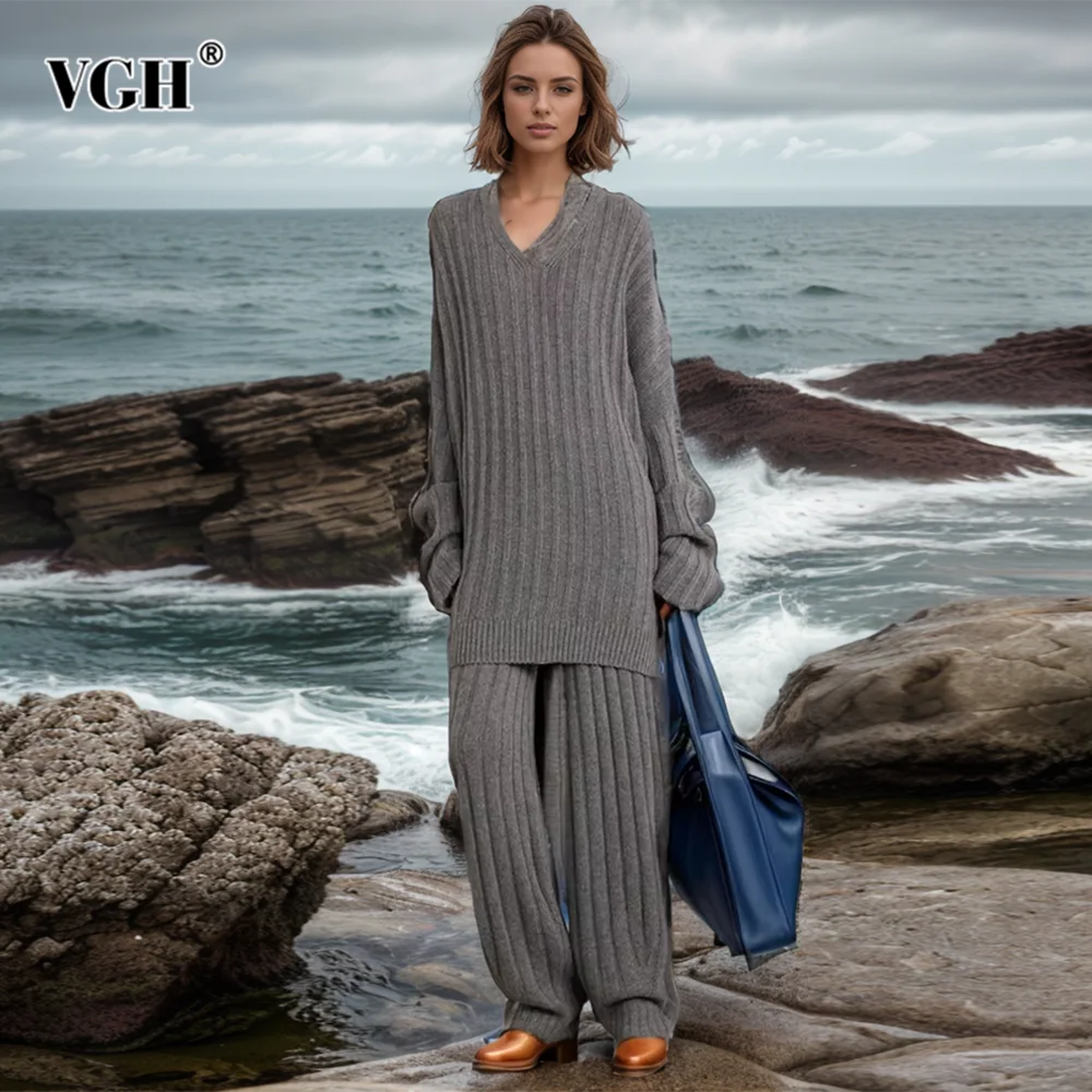 

VGH Casual Knitting Two Piece Sets For Women V Neck Long Sleeve Sweaters High Waist Straight Pant Minimalist Slimming Set Female