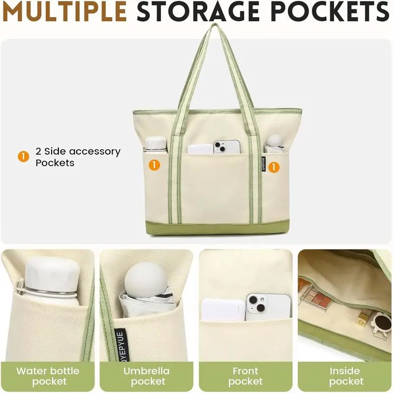 حقيبة كبيرة من القماش للنساء، حقيبة شاطئ بسحاب، حقيبة حمل متعددة الاستخدامات مع 3 جيوب أمامية، حقيبة لحمام السباحة في عطلة نهاية الأسبوع