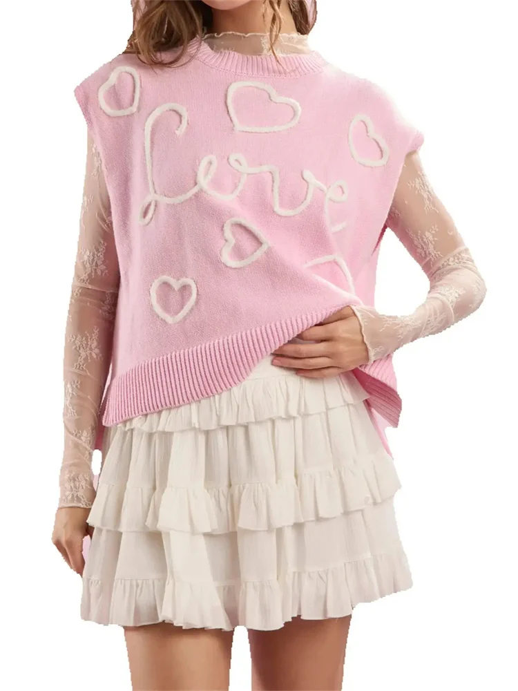 Women Love Heart Knitted Vest Coat Casual Loose Sleeveless Sweaters Summer Fall Winter Waistcoat