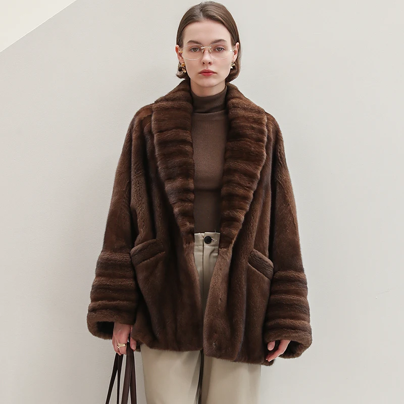 Ftangaiur Winter Import Purple Label Swan Velvet Mink Fur Coat Turn-Down Collar Mink Coat Women Natural Real Mink Fur Coats