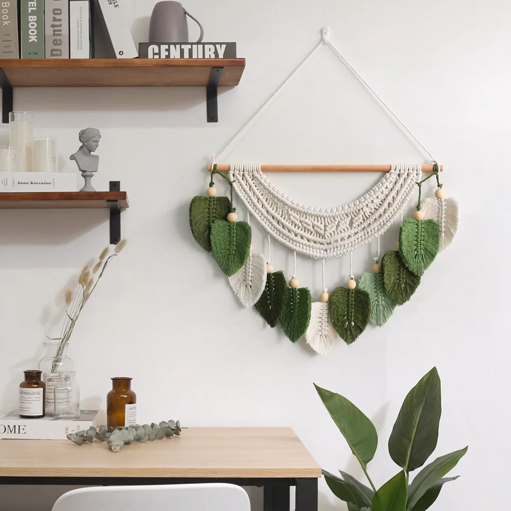 Leaf Macrame Wall Hanging Decoration Boho Room Home Woven Aesthetic Wall Tapestry Home Room Wedding Decoration Green