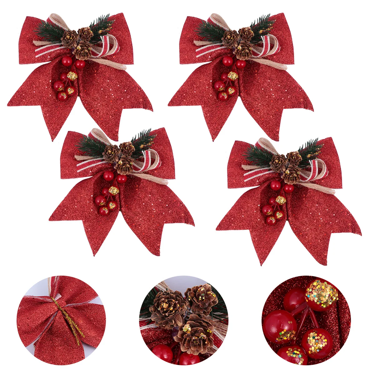 

4pcs Christmas Tree Hangings Glitter Pine Cone Bows Holiday Party Decor Xmas Ornament Tree Decoration Bow Wreath Rattan