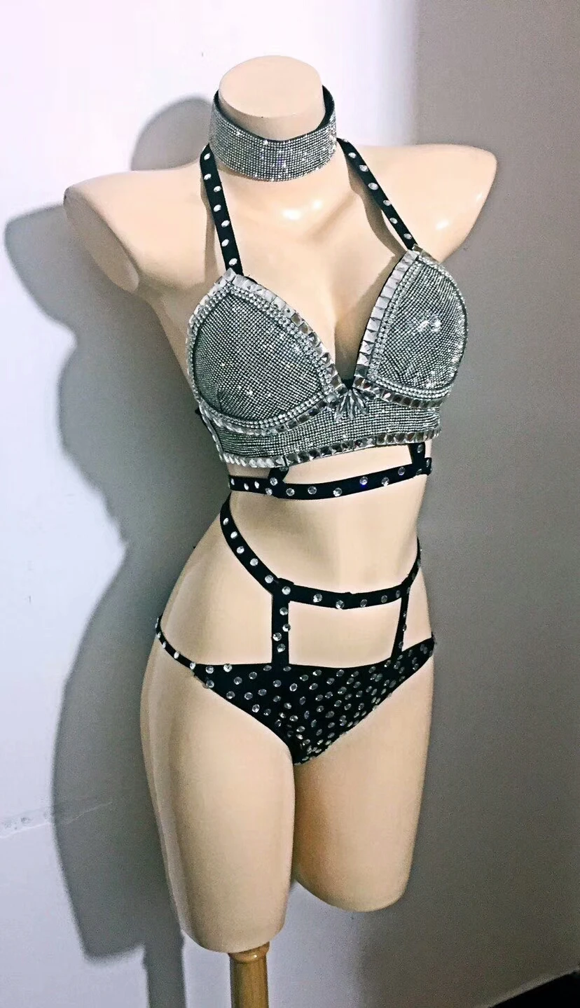 

Bling Rhinestone Silver Crystals Bikini Full Diamond Sexy Bikini Women DJ Jazz Costume Stage Performance Show Outfit