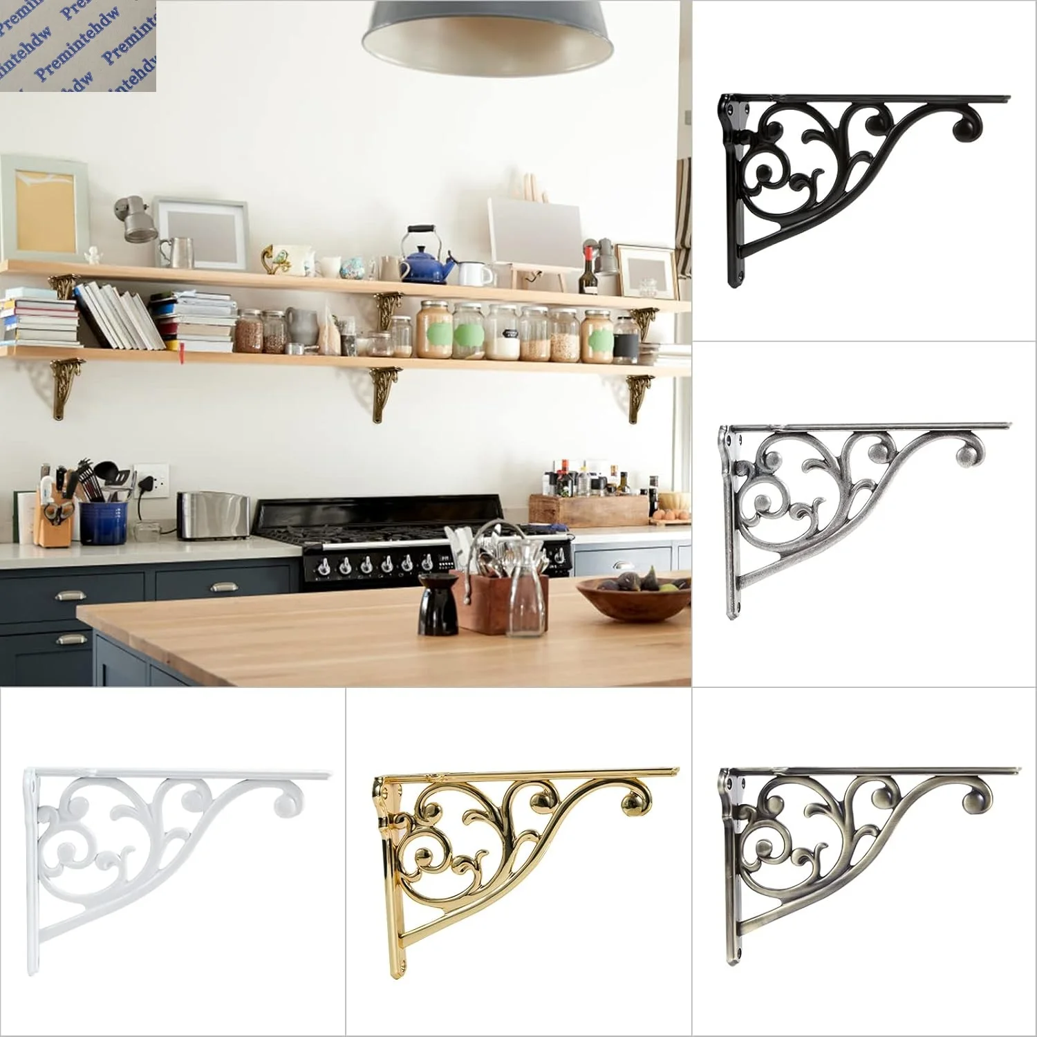 

2Pcs Zinc European Style 8" F Shaped Floating Shelf Bracket Support Classical Vine Pattern Shiny Gold Silver Antique Black