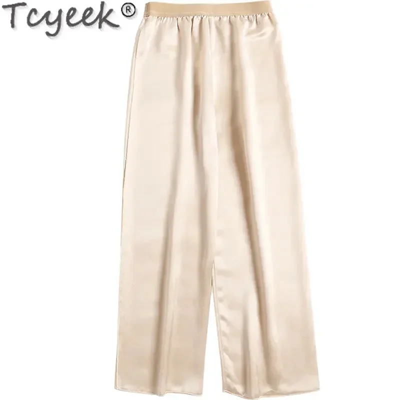 Tcyeek-Pantalones finos de seda de morera para mujer, pantalón de pierna ancha de cintura alta, ropa de calle, 95%