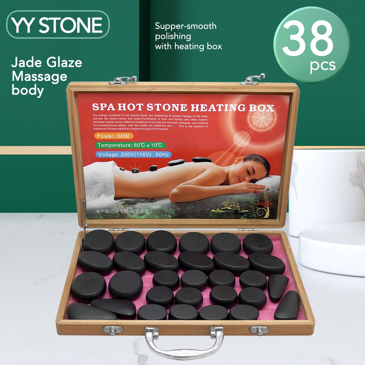 Tontin 38pcs/set body massage stone hot stone with 220V/110V Bamboo heating box Relieve Stress Back Pain Health Care