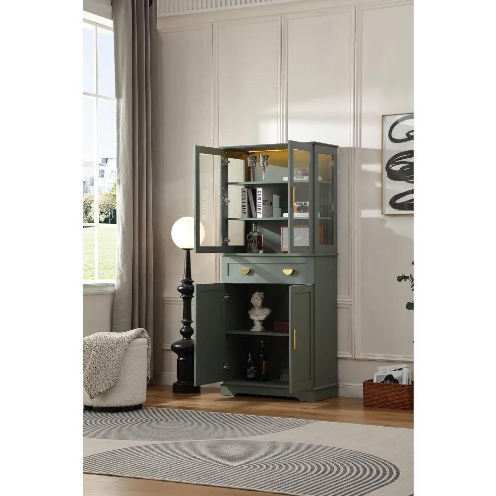 خزانة مخزن خشبية طويلة الطراز على طراز المزرعة الحديثة مع أبواب زجاجية، وخزانة تخزين المطبخ تتميز بدرج ورف قابل للتعديل