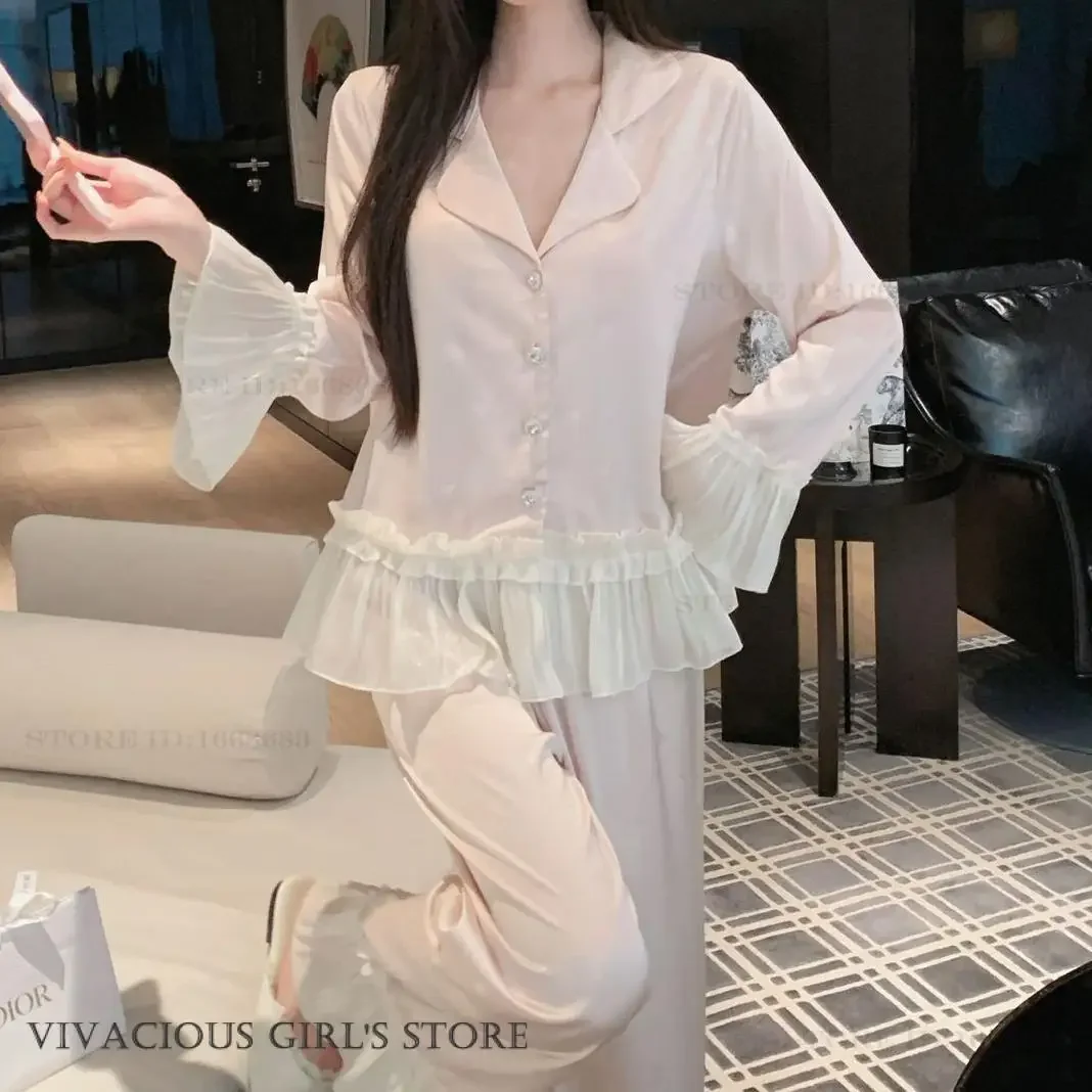Süßes Mädchen-Pyjama-Set, 2-teilig, Loungewear, romantischer französischer Prinzessinnen-Stil, Schlafanzug, Hosenanzug, lockerer Satin-Spitzen-Homewear-Pyjama