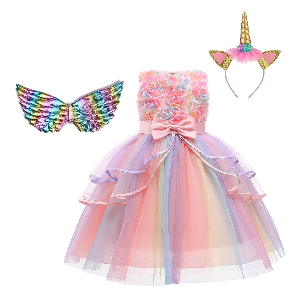 luxury Girl's cartoon Unicorn Rainbow Dress headband wings Three Piece Set Wedding Party Dress Carnival Girl's Birthday Party