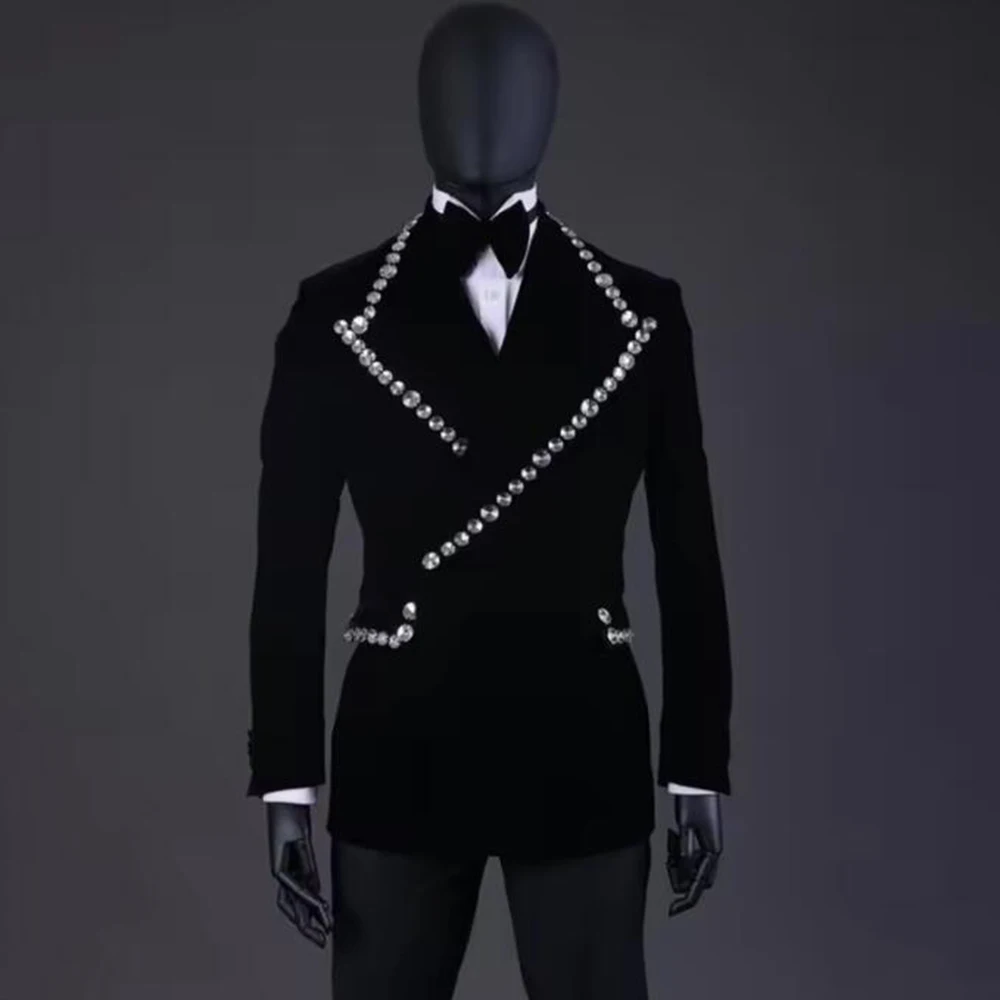 

Exclusive Jewelry Stones Velvet Suit Men 2 Piece Set Double Breasted Jacket Trousers Plus Size Customized Groom Banquet Tuxedos