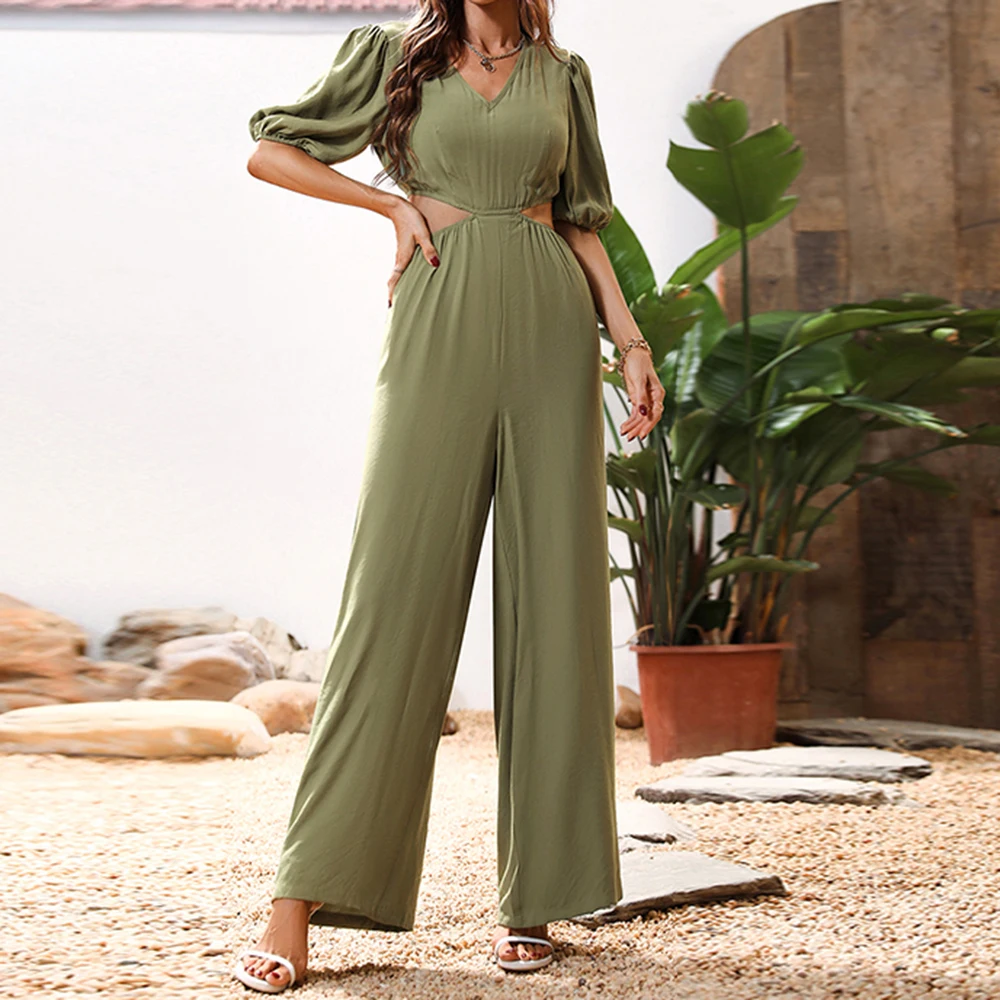 Women\'s Summer truffle waist V-neck Half Sleeve Jumpsuit Casual Loose Wide Leg Pants Dungaree Bib Overalls Playsuit 2023 Romper