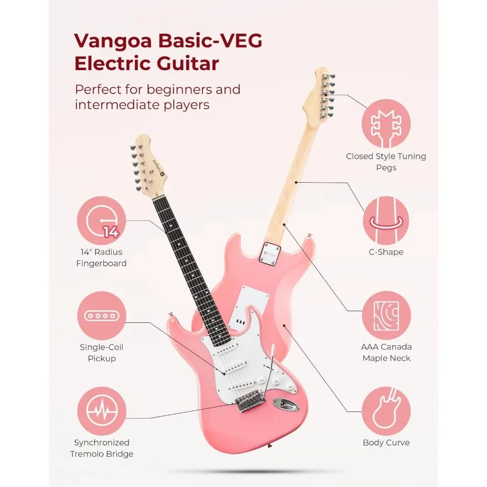 39 Inch Full Size Pink Electric Guitar Beginner Starter Kit Solid Body Package with Amp Bag Tuner Capo Strap Freight free