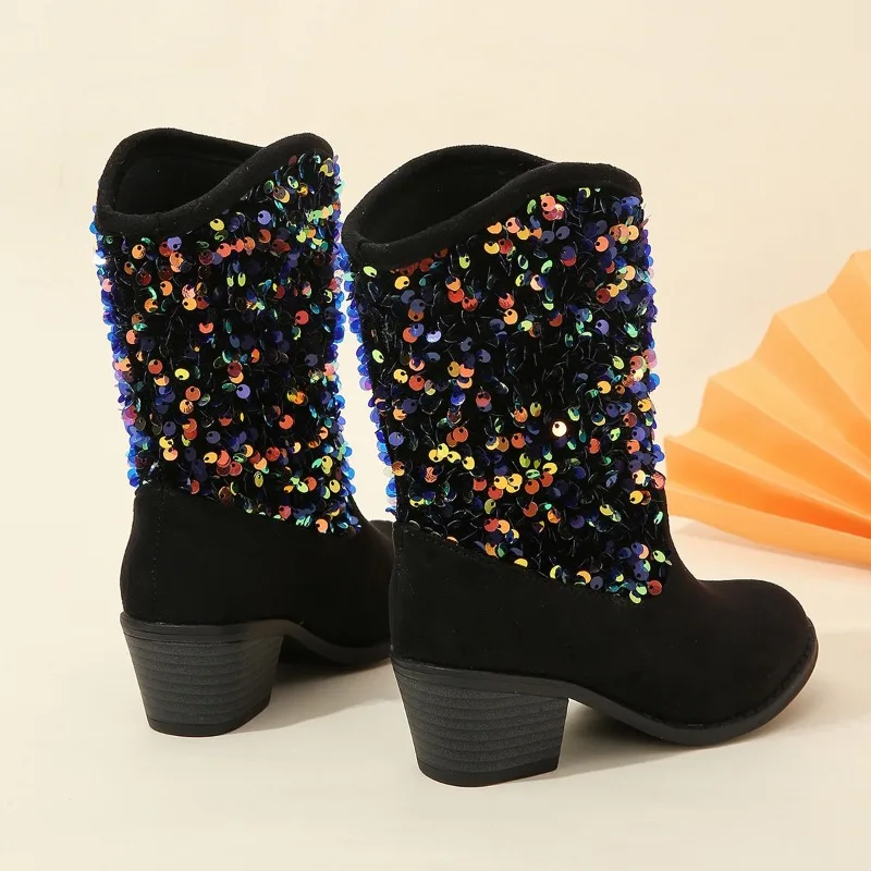 New Girls Boots Sequined Elegant Unique Low Heels Children Fashion Casual Princess Boots Solid Color Kids Slip-on Breatheable