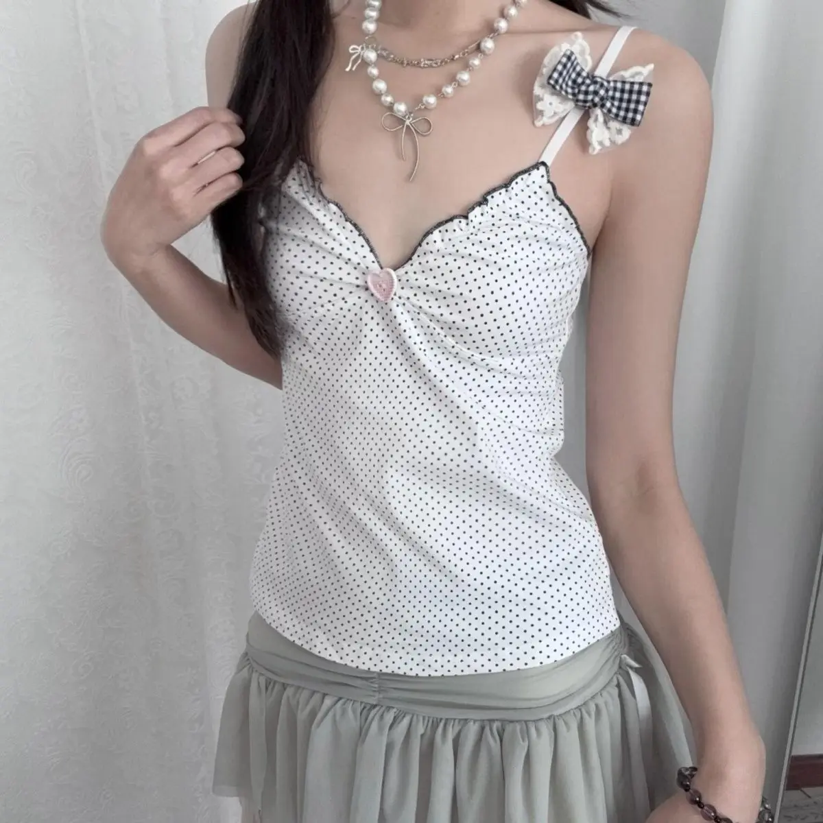 Subculture Y2k Crop Top Vest Women V-Neck Sexy Kawaii Clothing T-shirts Outwear Casual Harajuku Tees Dot Korean Fashion Chic