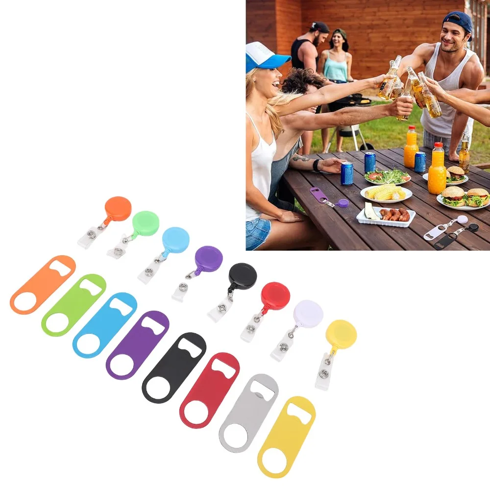 8pcs Round Badge Reel Clip Retractable Bottle Opener Retractable Design Flat Shape Beer Bottle Opener Assorted Color