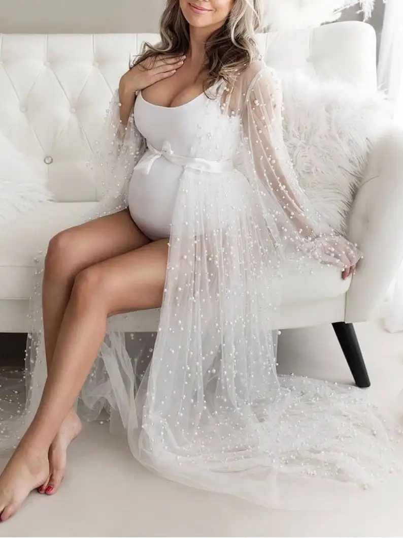 Soft Tulle Pearl Wedding Bridal Overdress Boudoir Robe Maternity Robe Wedding Robe Pearl Transparent Robe Boho Bride