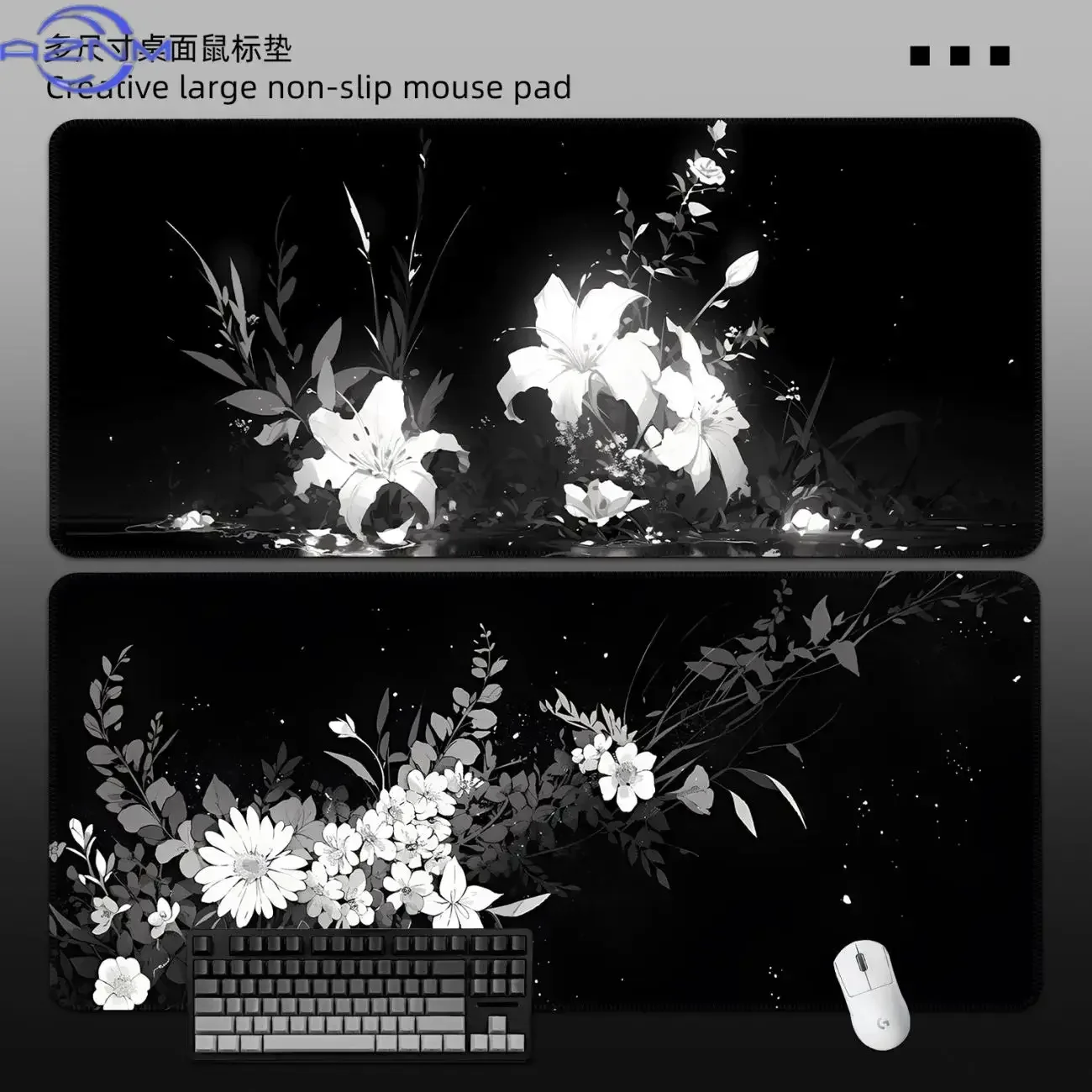 Black Background White Lily Daisy Floral Extended Mousepad, Non-Slip Rubber Base Large Desk Mat, Smooth Surface for Gaming Offic