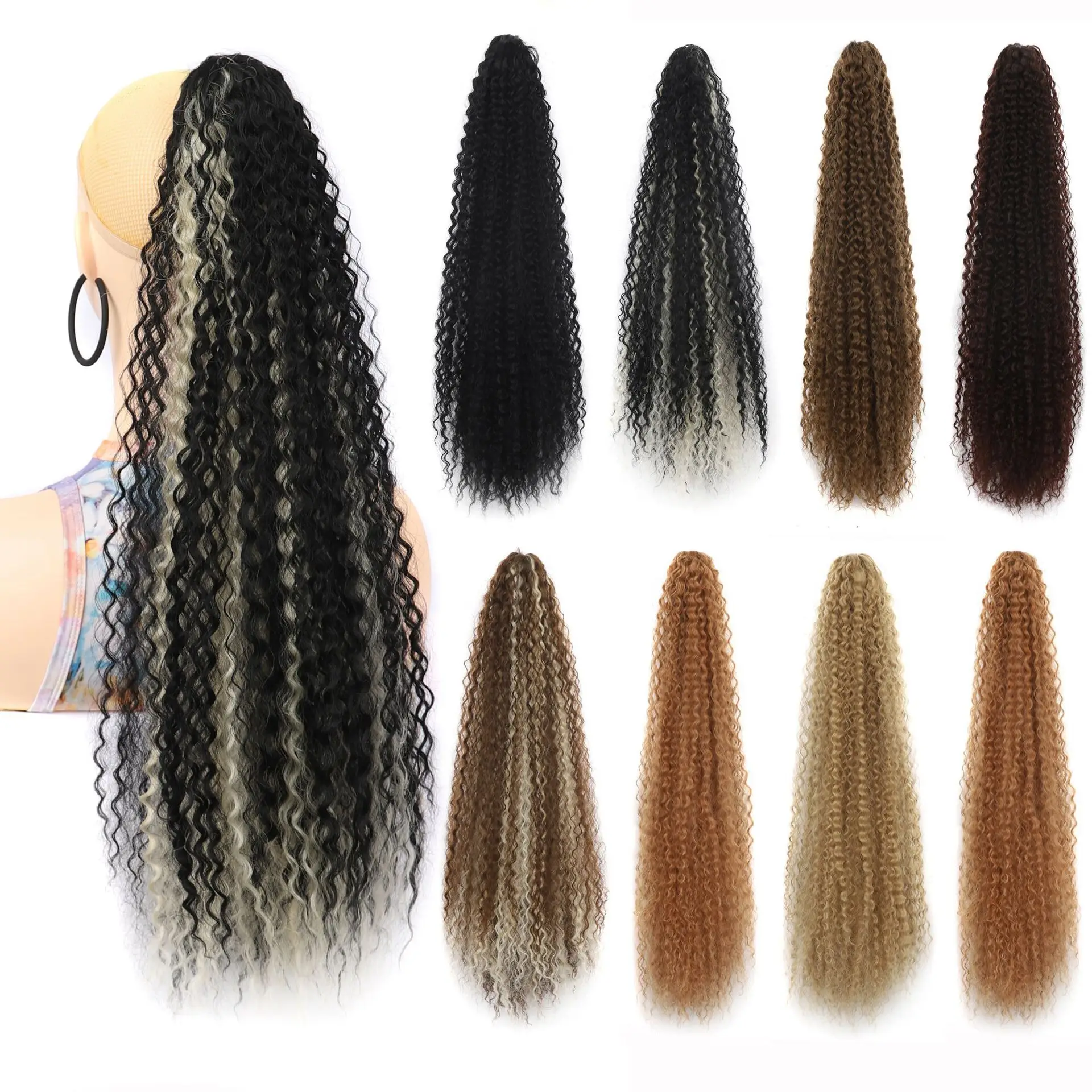 Synthetic Long Glaw Cilp in Ponytail Extensions Corn Curly For Women High Temperature Fiber Hair Extension Fake Hair Pieces