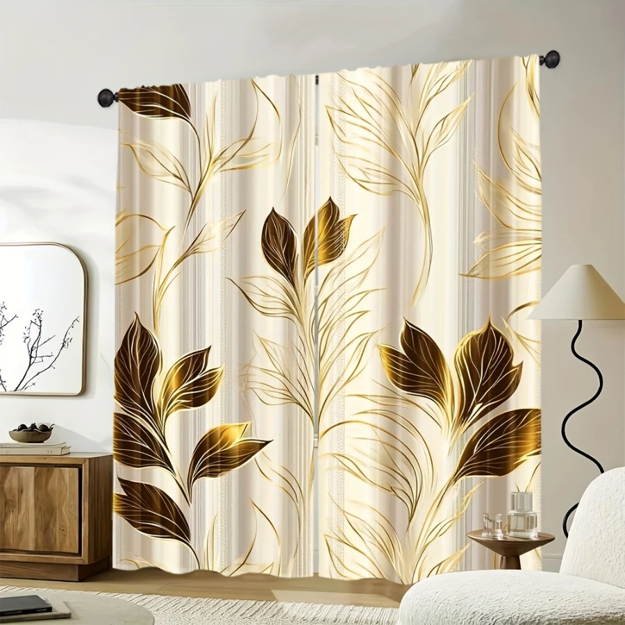 2PCS Digital Print  Curtain, Gilded Brown Leaves, Bohemian Style  Curtain Panel for Home Living Room Bedroom Decor