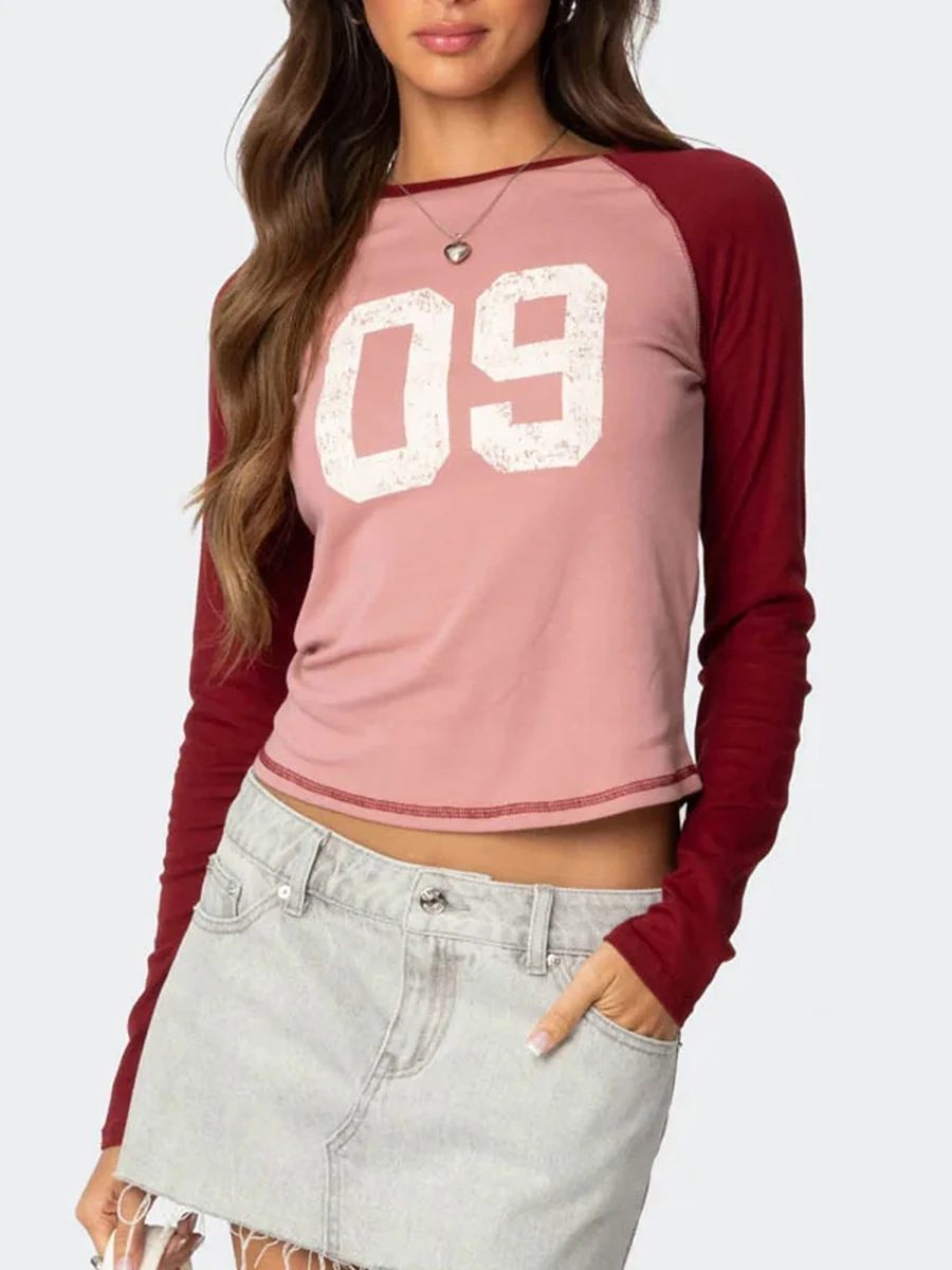 Grafik-Herbst-T-Shirt für Damen, schmaler Nummerndruck, Raglan, langärmelig, Rundhalsausschnitt, bauchfreies Hemd, lässig, Teenager-Mädchen-T-Shirt, Pullover, Streetwear