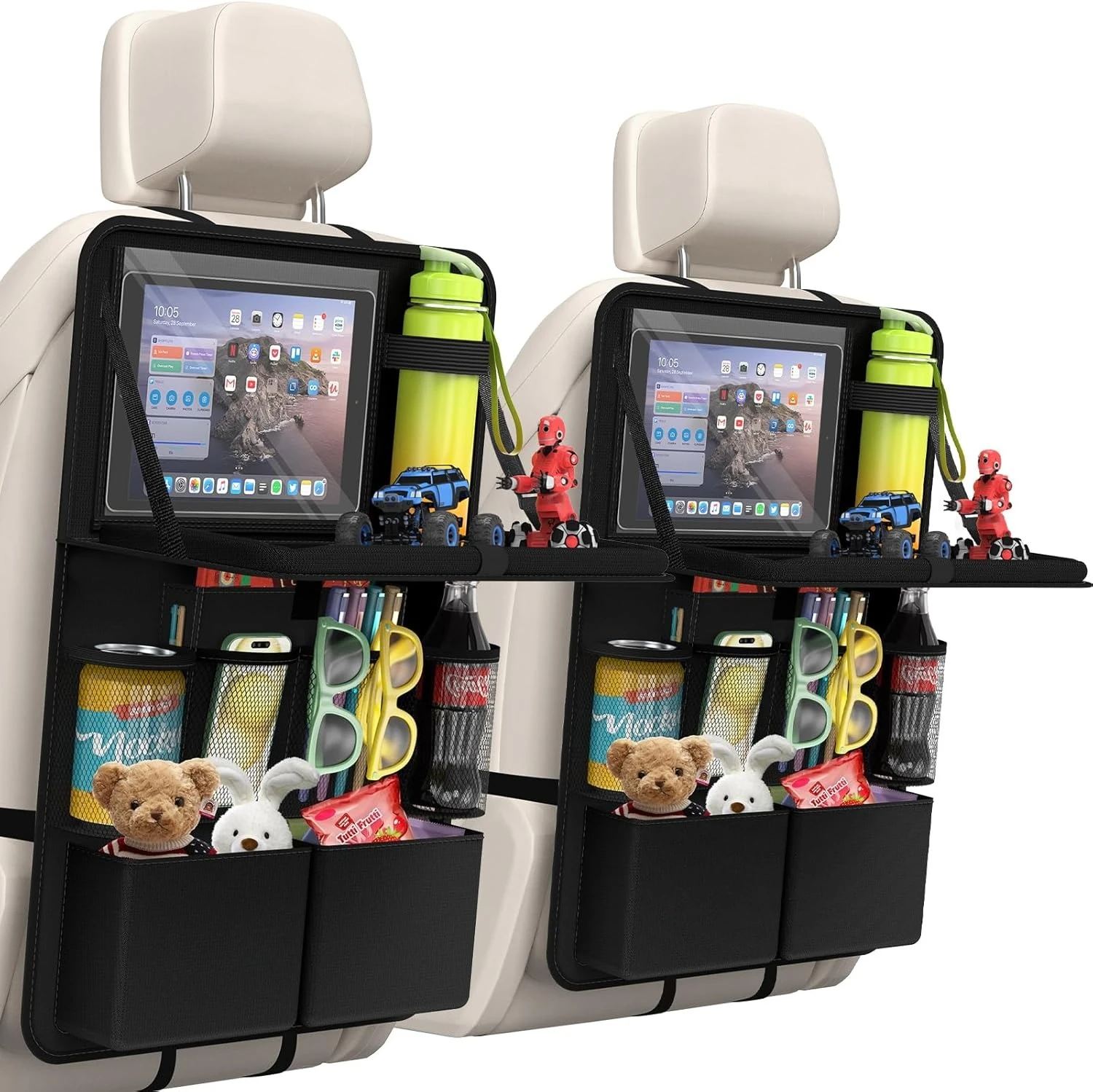 

Car Seat Storage Bag with Tablet Stand, 11 Pockets, Foldable Plate, Kids Kick Mat, Travel Accessories Organizer