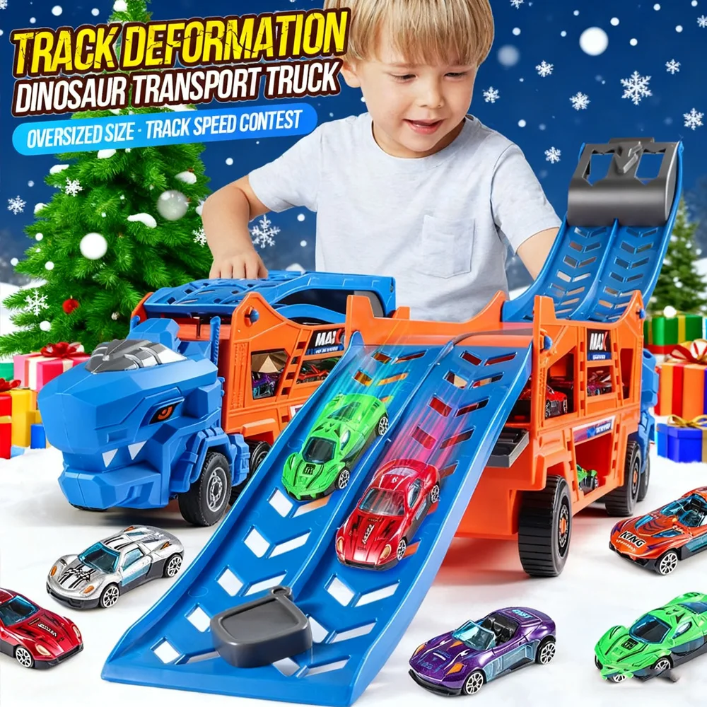 Double-Rail Transforming Toy Truck Christmas Gift with 6 Mini Cars Color Box Packaging Perfect Holiday Surprise for Kids