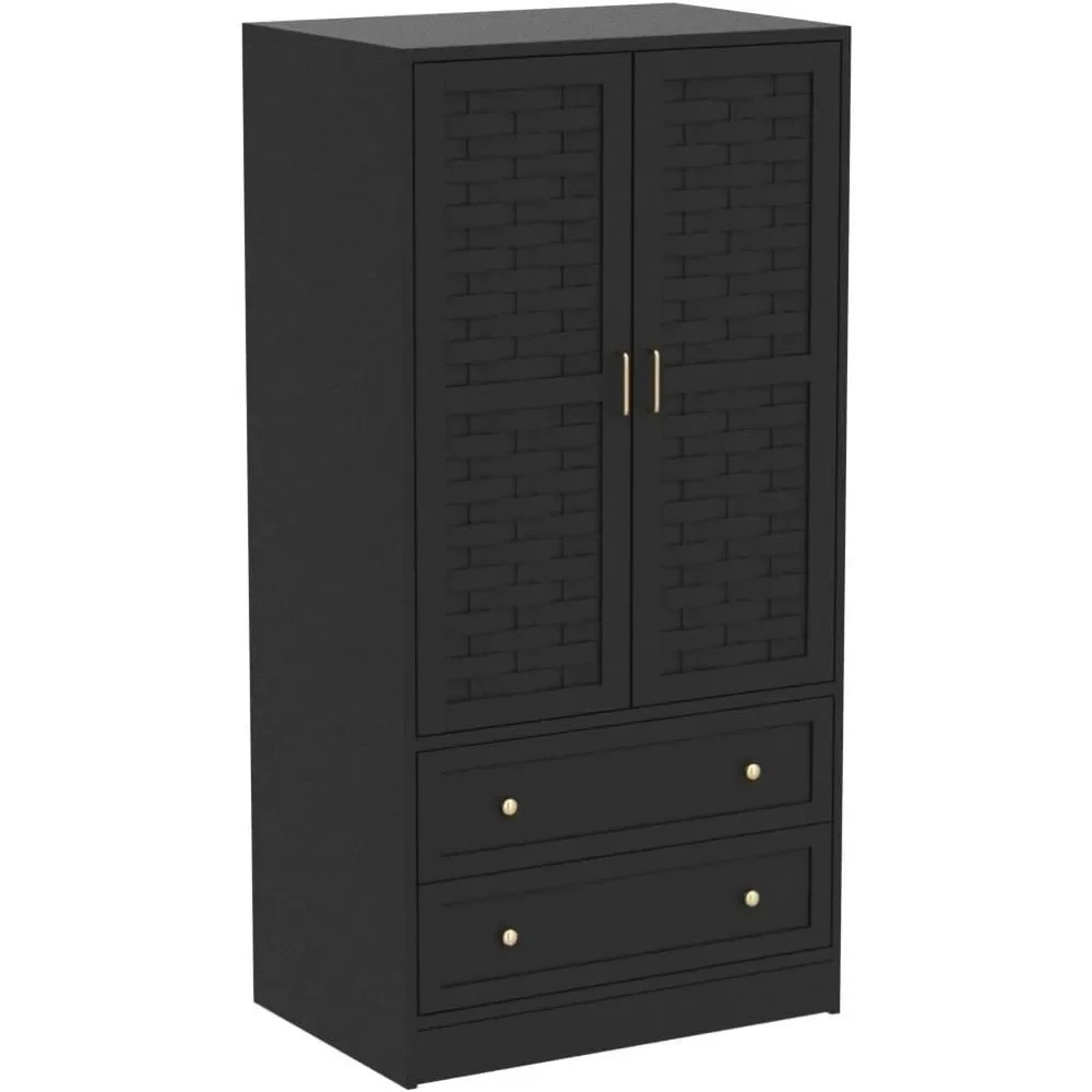 Armoire Wardrobe Closet with 2 Woven Doors, Wardrobe Cabinet with 2 Storage Drawers and Hanging Rail