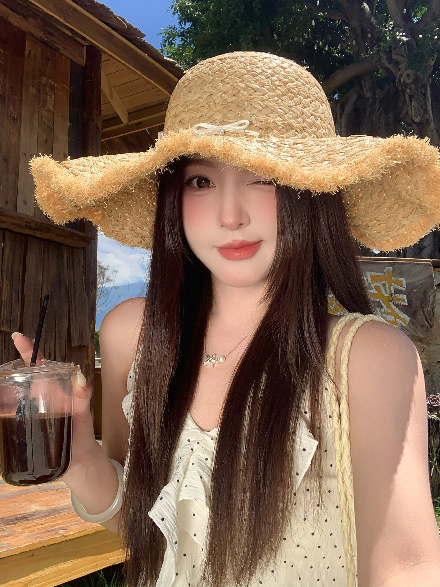 Summer Beach Vacation Style Wide Brim Woven Straw Hat Women's  Knot Sunshade UV Protection Hat Large Flared Brim Cap
