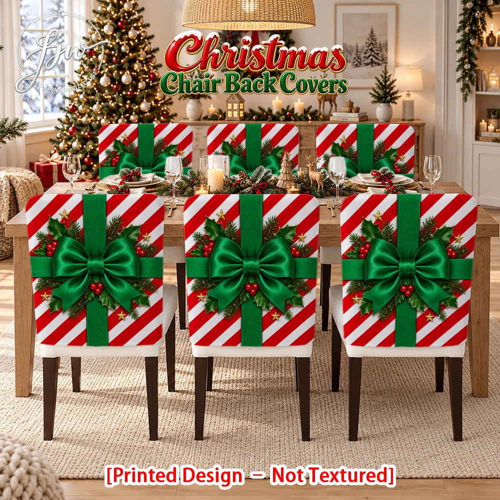 6/4/2pc Christmas Chair Back Covers, Red White Stripe Xmas Holiday Dining Chair Slipcovers with Bow Decor