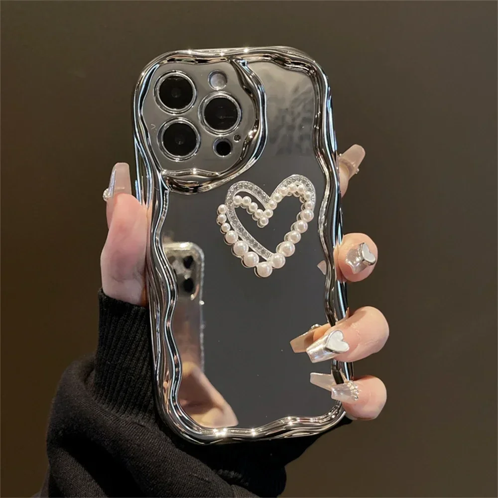 Luxury 3D Silver Pearl Heart Wavy Phone Case For iPhone 16 15 14 13 11 12 Pro Max Plus  7 8 Plus Soft Shockproof Cover