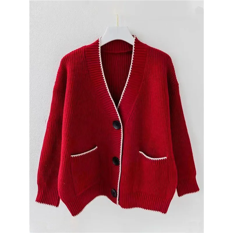 AB33-Women's Color Block Long Sleeves Sweater Fall Button Down Casual Coatigan Soft Knit Coat With Pocket