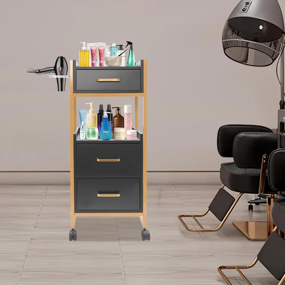 

Salon Trolley Storage Cart with Wheels, Hair Cart Mobile Barber Cabinet With Hair Dryer Holders ＆ 3 Drawers,Storage