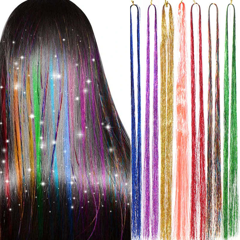 Synthetic Hair Tinsel Kit 48 inch Colourful Fairy Tinsel Hair Extensions Heat Resistant With Shiny Hair Accessories For Women