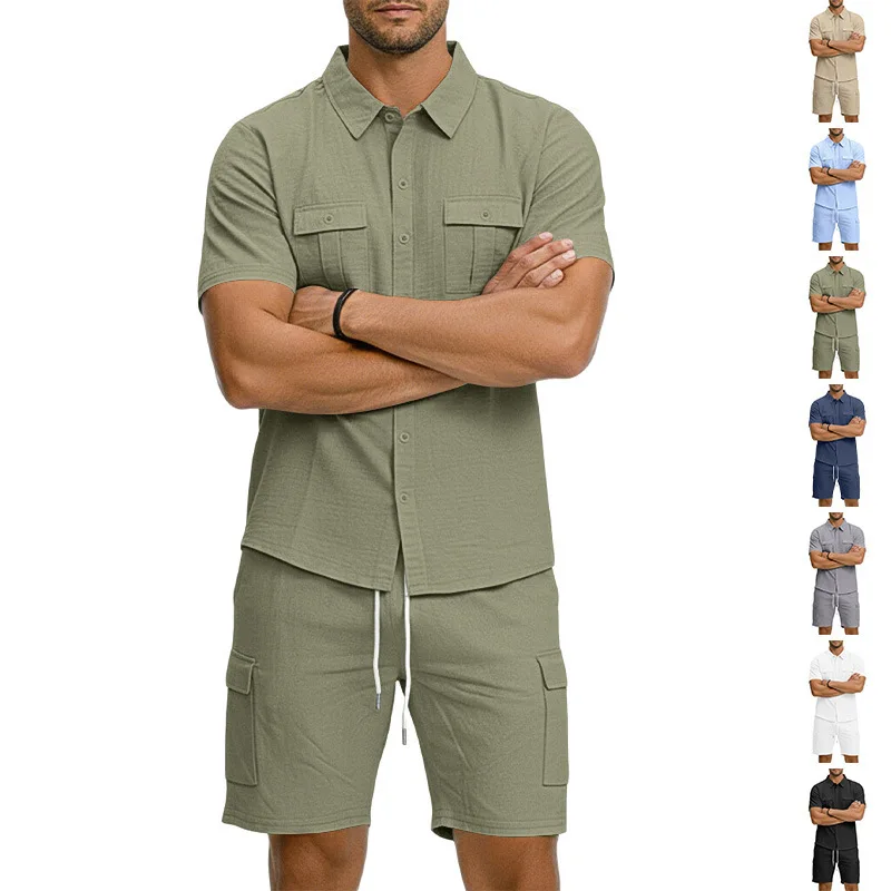 

Men's Summer Solid-Color Collar Shirt with Multiple Pockets Sporty Casual Short-Sleeved Shorts Set