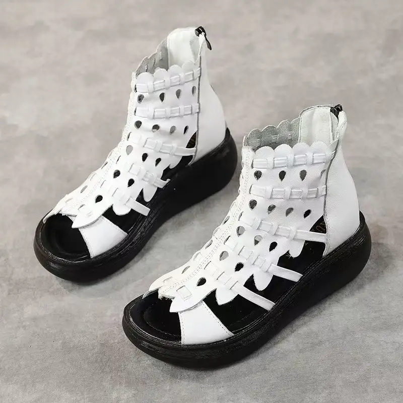 

Women's Leather Hollow Out Peep Toe Cool Boots Summer Thick Sole Non Slip Breathable High Top Cover Heel Zippers Wedges Sandals