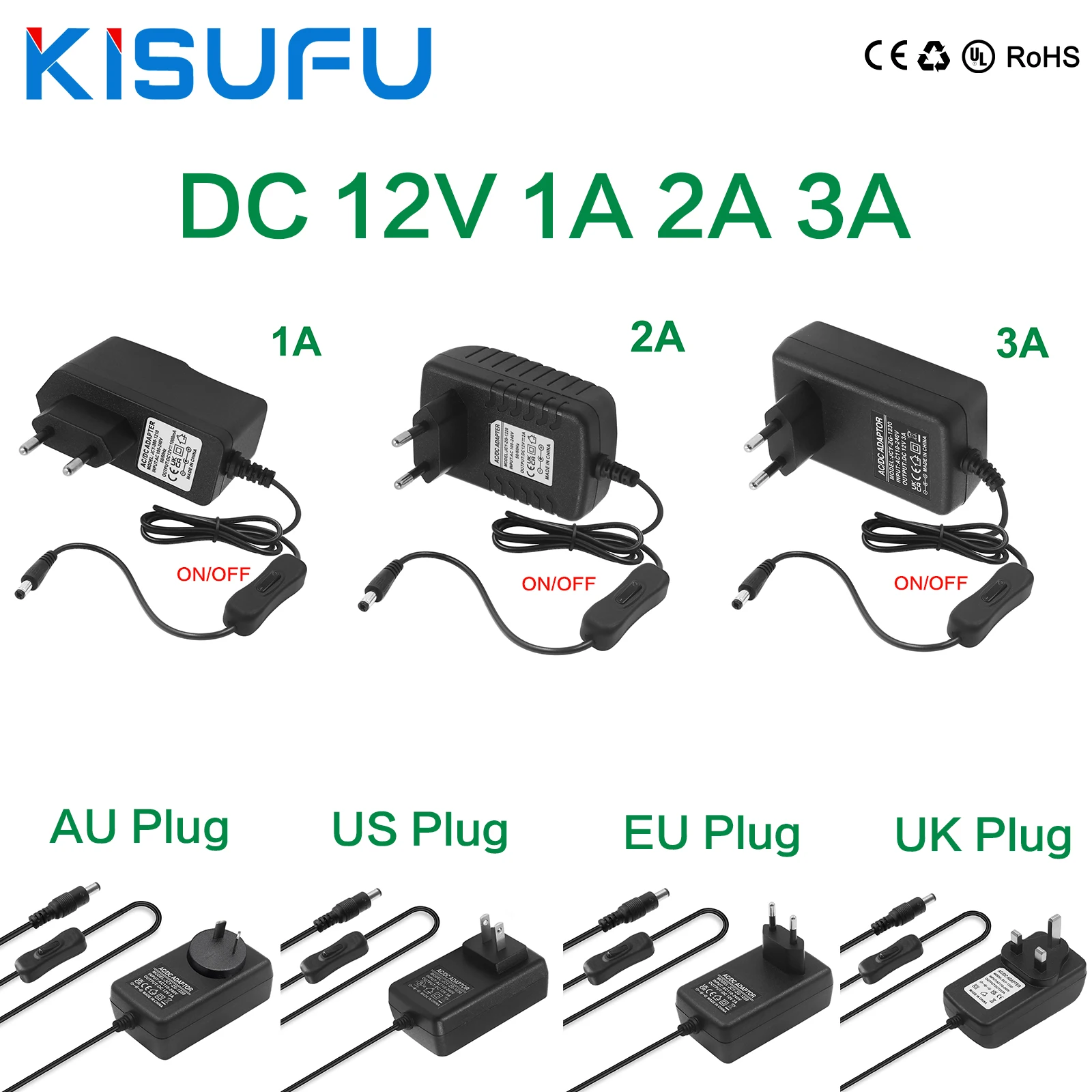 Universal Power Adapter With ON/OFF Switch AC 100-240V To 12V 1A 2A 3A EU/US/UK/AU Plug for DC Male Female LED Strip Light