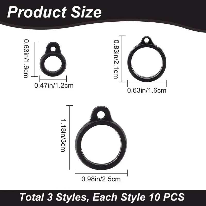 30PCS 3 Sizes Anti-Lost Silicone Rubber Rings Black Adjustable Band Holder Multipurpose 20mm/ 13mm/ 8mm Cases Necklace