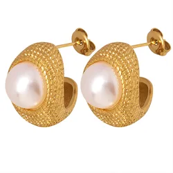 Retro Stainless Steel Stud Earrings With Imitation Pearl For Women 18k Gold Plated Waterproof Women's Earring Ladies Ear Studs